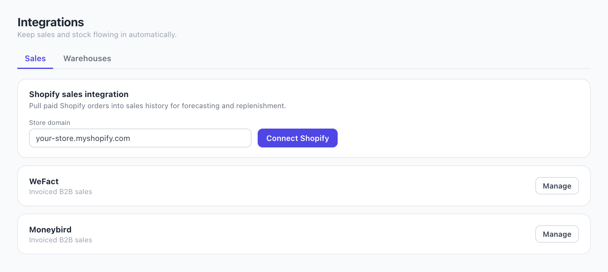 Het integratiescherm van OrderBee: de Shopify-verkoopkoppeling met een veld voor je winkeldomein en een knop Connect Shopify, met daaronder WeFact en Moneybird als bronnen voor gefactureerde B2B-verkoop.